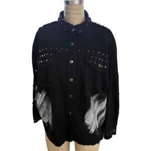 Wren + Glory Black Jean Jacket Studded Art Paint Graphic Print Good Person Women